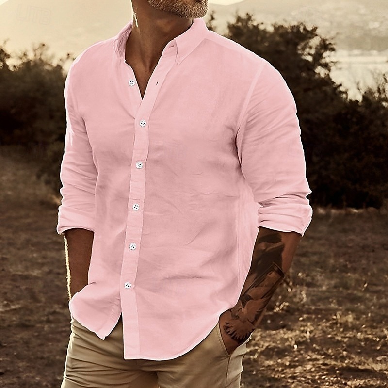 Men's Linen Shirt Summer Shirt Beach Wear Button Up Shirt Plain Casual Daily White Yellow Pink Blue Long Sleeve Lapel Spring & Summer Clothing Apparel Front Pocket