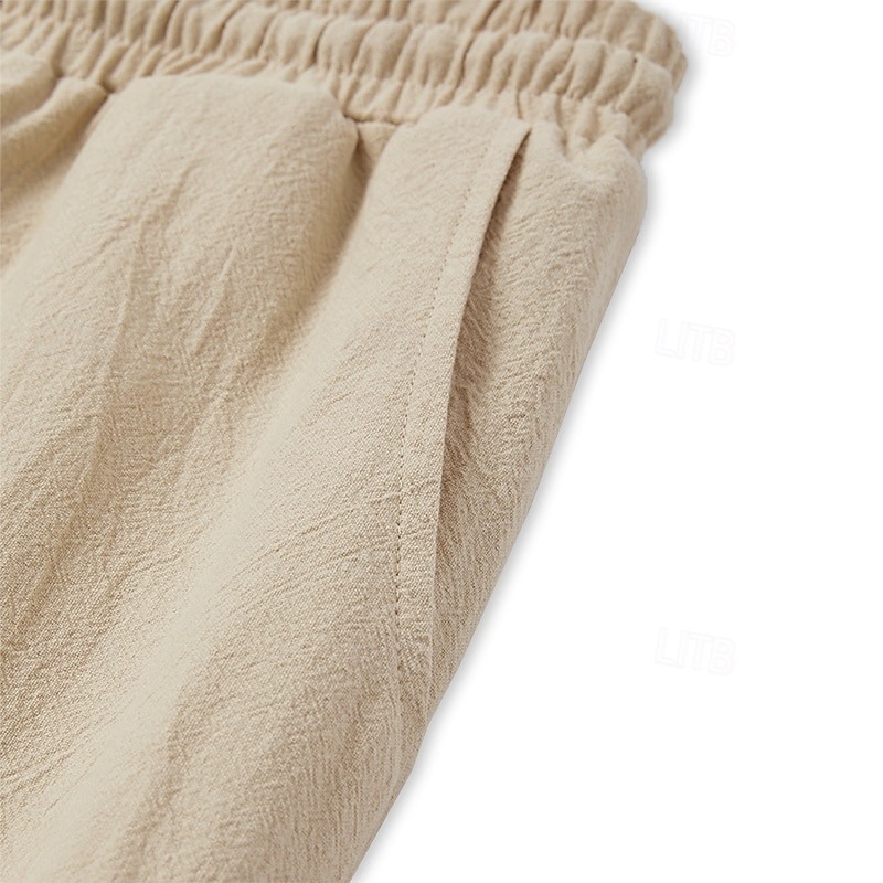 Men's Linen Pants Trousers Summer Pants Beach Pants Drawstring Elastic Waist Straight Leg Plain Comfort Breathable Casual Daily Holiday Fashion Classic Style Light Khaki Black