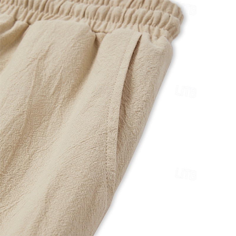 Men's Linen Pants Trousers Summer Pants Beach Pants Drawstring Elastic Waist Straight Leg Plain Comfort Breathable Casual Daily Holiday Fashion Classic Style Light Khaki Black
