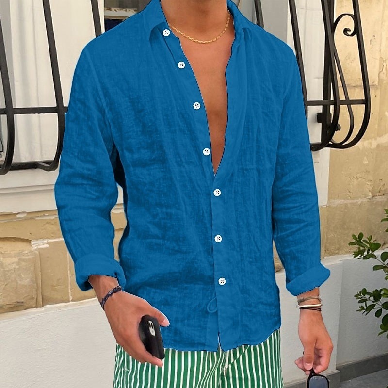 Men's Shirt Linen Shirt Summer Shirt Beach Shirt Plain Casual Daily Black White Pink Royal Blue Long Sleeve Lapel Spring & Summer Clothing Apparel