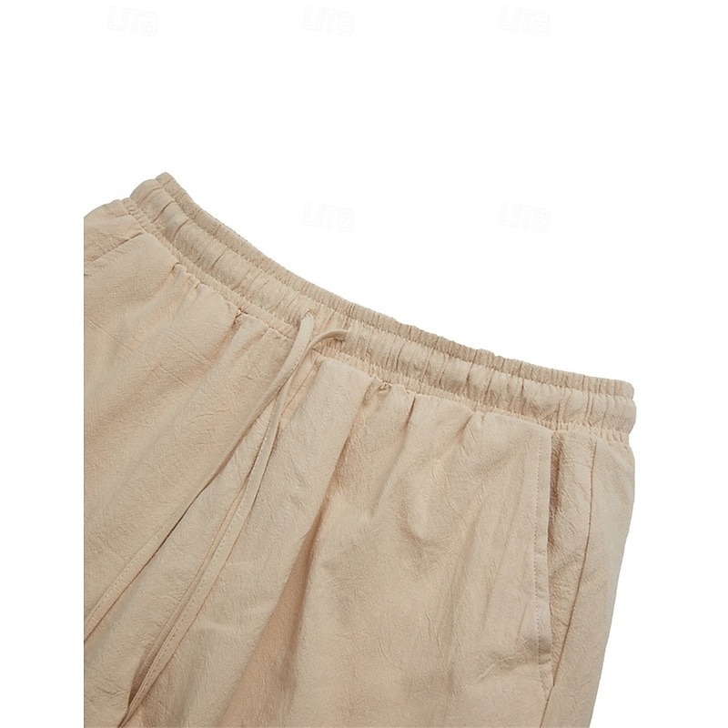 Men's Shorts Linen Shorts Summer Shorts Beach Shorts Drawstring Elastic Waist Multi Pocket Plain Knee Length Outdoor Beach Hawaiian Casual Black Inelastic