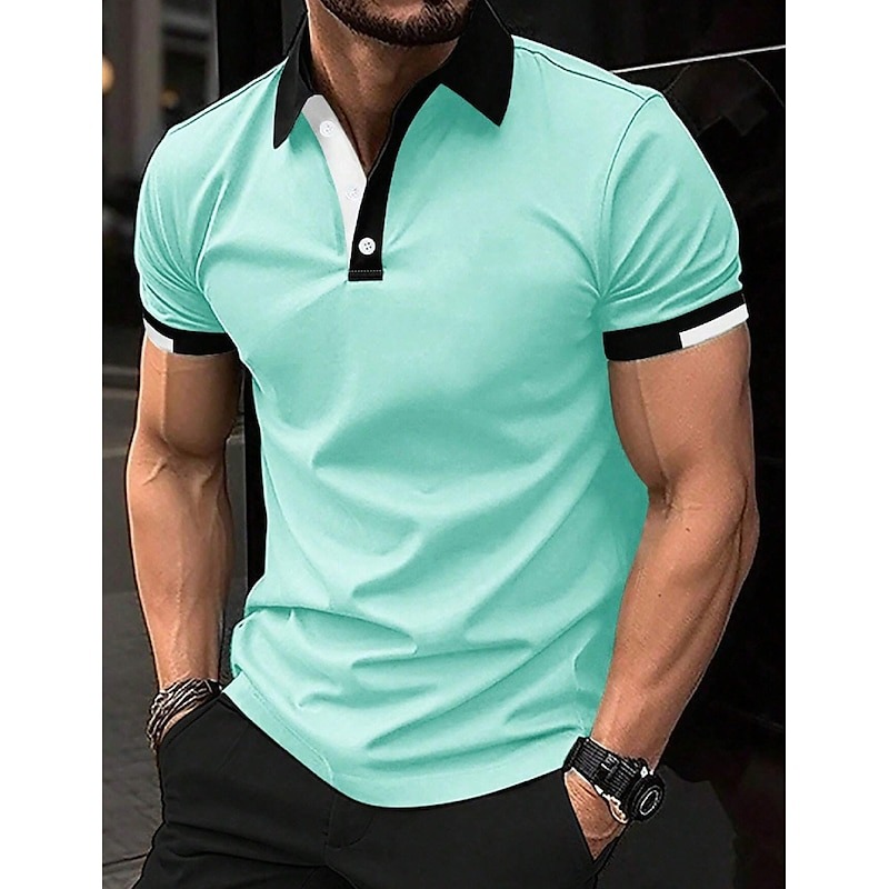 Men's Sport Polo Golf Shirt Casual Sports Tops Ribbed Polo Collar Short Sleeve Fashion Basic Solid Color Patchwork Summer Regular Fit Black White Red Blue Green Sport Polo