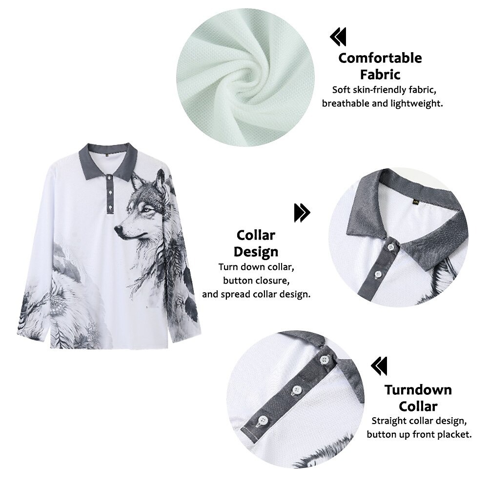 Men's Wolf Polo Shirts Golf Shirt Long Sleeve Polo Shirts Collared Shirts Casual Funny Streetwear Vacation Wear Party Outfits Buttons 3D Print Blue-Green Red Blue