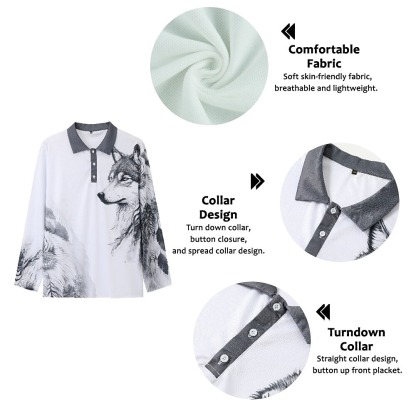 Men's Wolf Polo Shirts Golf Shirt Long Sleeve Polo Shirts Collared Shirts Casual Funny Streetwear Vacation Wear Party Outfits Buttons 3D Print Blue-Green Red Blue