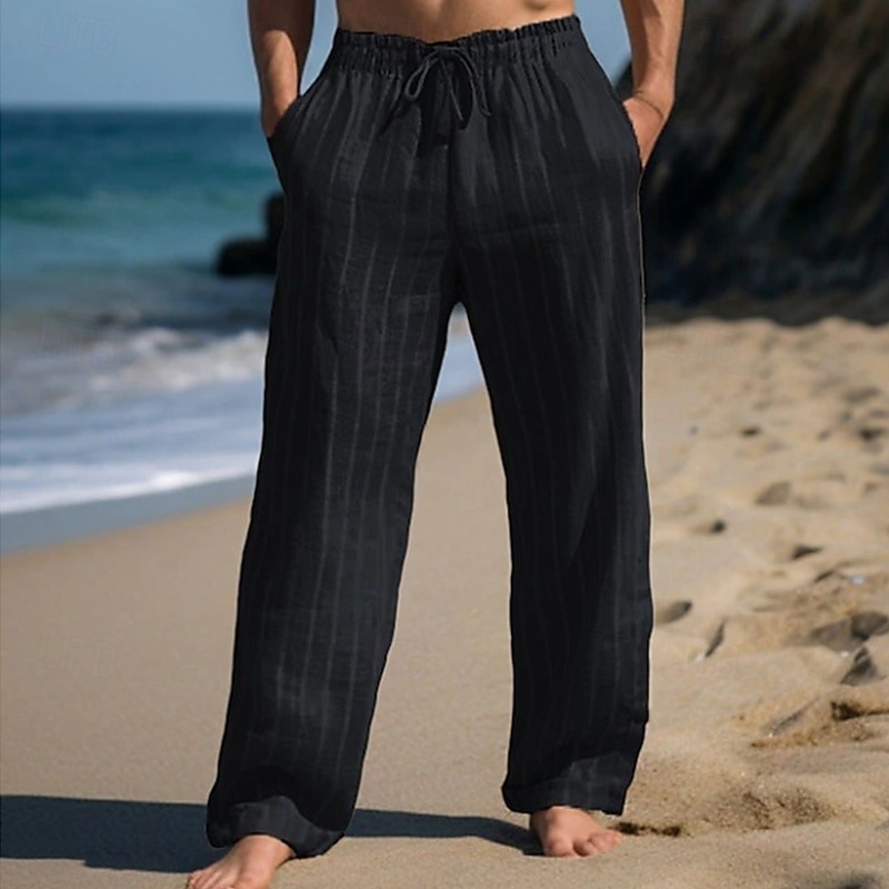 Men's Linen Pants Trousers Summer Pants Beach Pants Drawstring Elastic Waist Straight Leg Stripe Comfort Breathable Full Length Casual Daily Holiday Vacation Fashion Black White