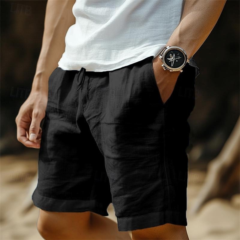 Men's Shorts Linen Shorts Summer Shorts Pocket Drawstring Elastic Waist Plain Comfort Breathable Short Casual Daily Holiday Fashion Classic Style Black White