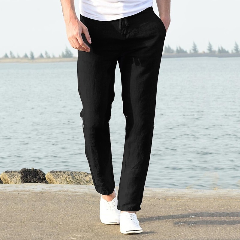 Men's Linen Pants Trousers Summer Pants Beach Pants Casual Pants Drawstring Elastic Waist Plain Breathable Lightweight Full Length Yoga Casual Daily Basic Black White