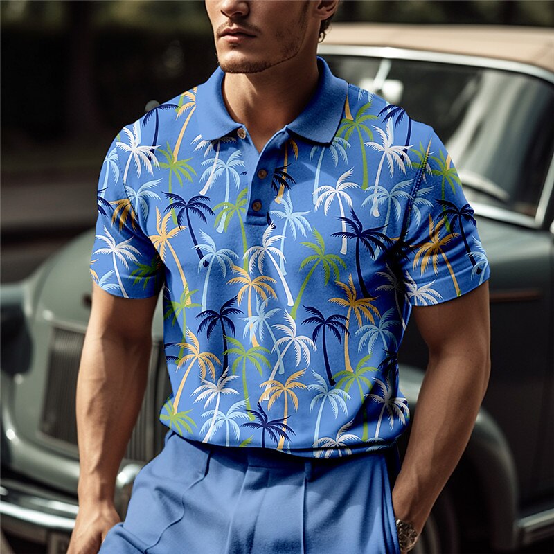 Men's Button Up Polos Lapel Polo Polo Shirt Golf Shirt Coconut Tree Graphic Prints Turndown Blue-Green Pink Blue Green Khaki Outdoor Street Short Sleeves Print Clothing Apparel Sports Fashion