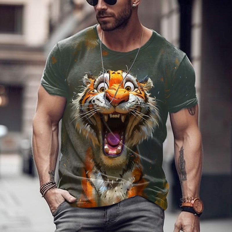Men's Tiger Funny T Shirt Short Sleeve T shirt 3D Print Crew Neck Shir
