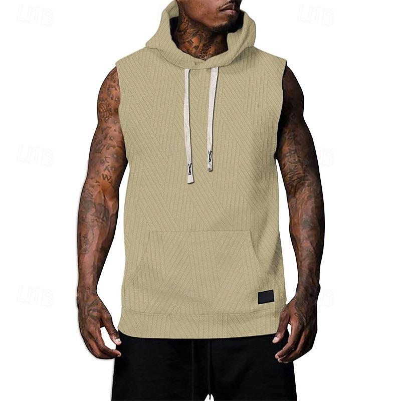 Men's Tank Top Vest Top Undershirt Sleeveless Shirt Sleeveless Hooded Summer Plain Fashion Designer Basic Jacquard Front Pocket Vacation Street Going out Black White Khaki Top Tee for Men
