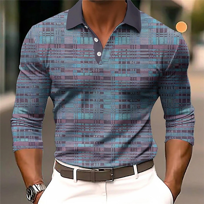 Plaid Geometry Casual Men's 3D Print Golf Polo Outdoor Casual Daily Streetwear Long Sleeve Turndown Polo Shirts Green Gray Fall & Winter S M L Micro-elastic Lapel Polo