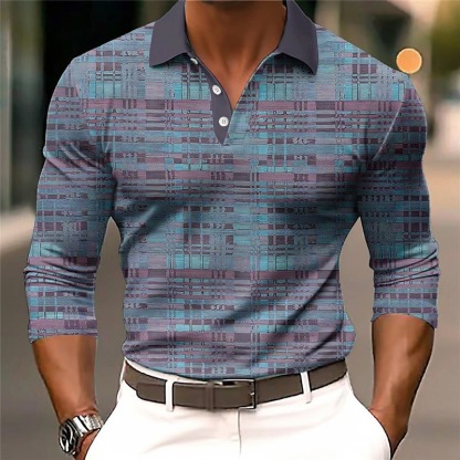 Plaid Geometry Casual Men's 3D Print Golf Polo Outdoor Casual Daily Streetwear Long Sleeve Turndown Polo Shirts Green Gray Fall & Winter S M L Micro-elastic Lapel Polo