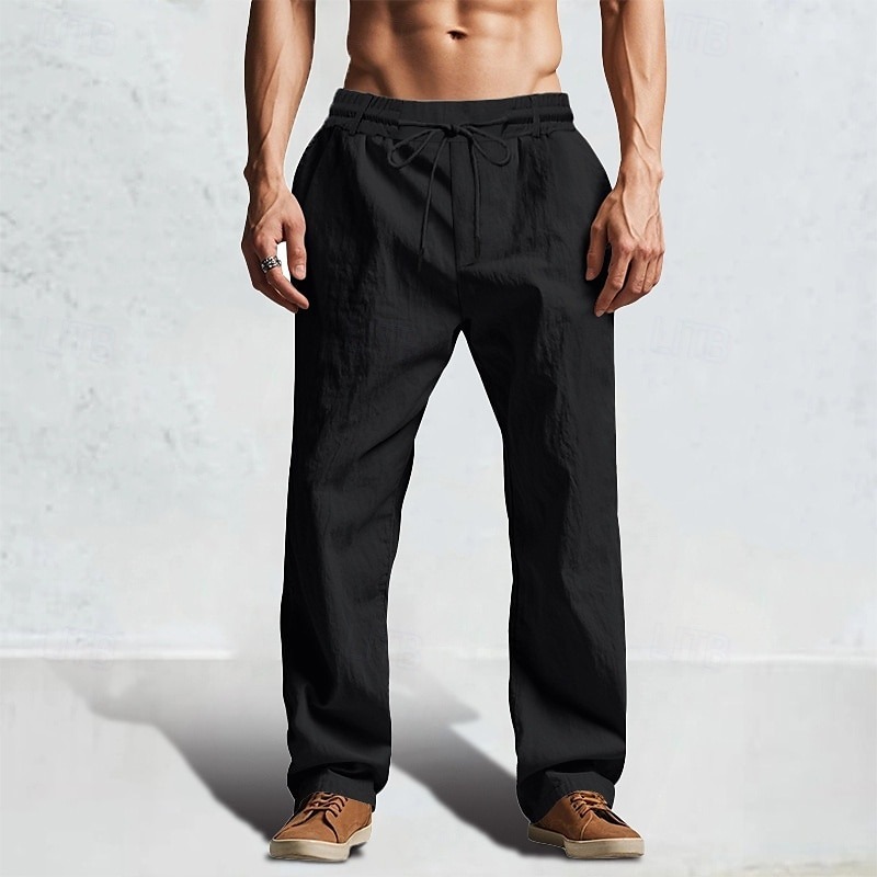 Men's Linen Pants Trousers Summer Pants Beach Pants Drawstring Elastic Waist Straight Leg Plain Comfort Breathable Full Length Casual Daily Holiday Fashion Classic Style Black White