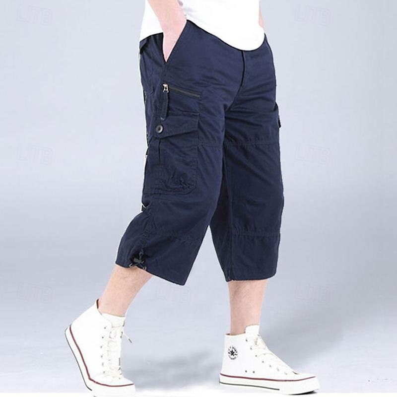 Men's Cargo Pants Cargo Trousers Work Pants Crop Multi Pocket Plain Camouflage Comfort Breathable Calf-Length Casual Daily Streetwear Cotton Blend Sports Fashion turmeric Black Micro-elastic