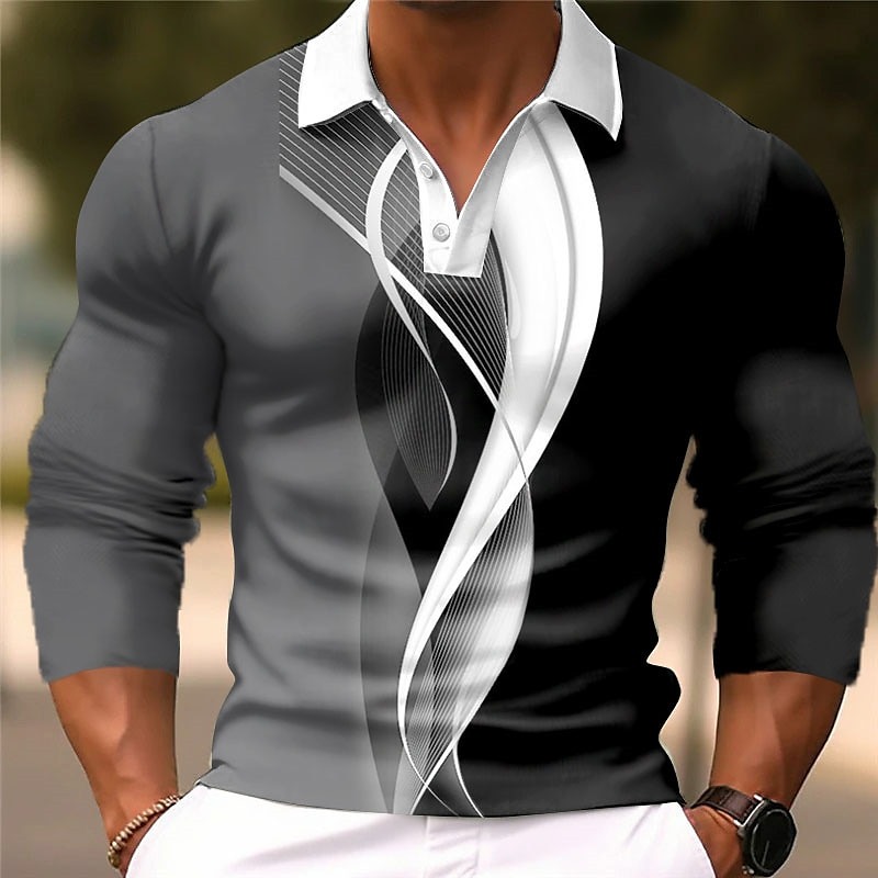 Men's Geometric Polo Shirts Golf Shirt Long Sleeve Polo Shirts Collared Shirts Business Casual WorkWear Formal Wear Festival Wear Buttons 3D Print White Blue Brown