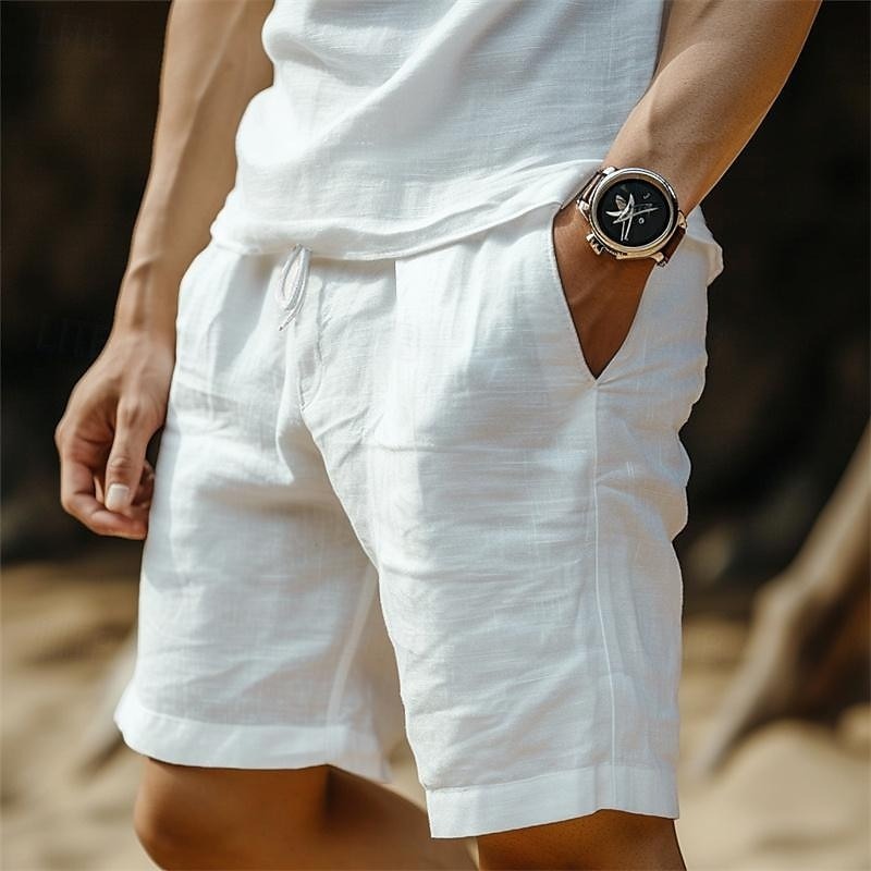 Men's Shorts Linen Shorts Summer Shorts Pocket Drawstring Elastic Waist Plain Comfort Breathable Short Casual Daily Holiday Fashion Classic Style Black White