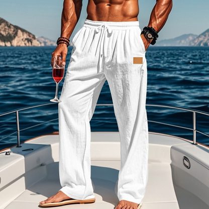 Men's Linen Pants Trousers Summer Pants Beach Pants Drawstring Elastic Waist Straight Leg Plain Comfort Breathable Full Length Outdoor Holiday Beach Vacation Fashion Black White