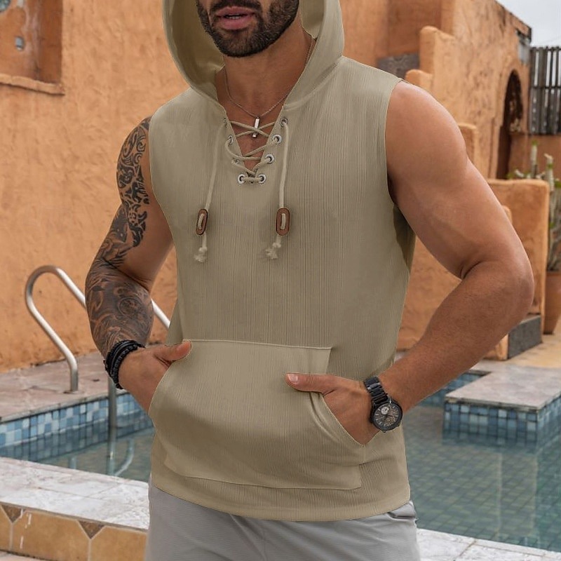 Men's Tank Top Sleeveless Hoodie Sleeveless Shirt Sleeveless Hooded Summer Pit Strip Fashion Designer Muscle Lace up Pocket Outdoor Gym Black White Khaki Top Tee for Men