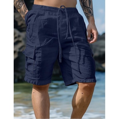 Men's Shorts Linen Shorts Summer Shorts Beach Shorts Drawstring Elastic Waist Multi Pocket Plain Knee Length Outdoor Beach Hawaiian Casual Black Inelastic