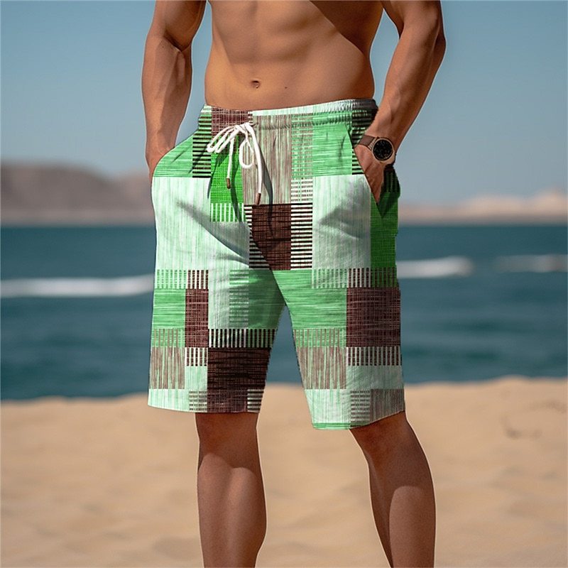 Men's Graphic Plaid Color Block Sweat Shorts Beach Shorts Terry Shorts Mid Waist Casual Athleisure Daily Holiday Streetwear Drawstring Elastic Waist 3D Print Designer Clothing Apparel