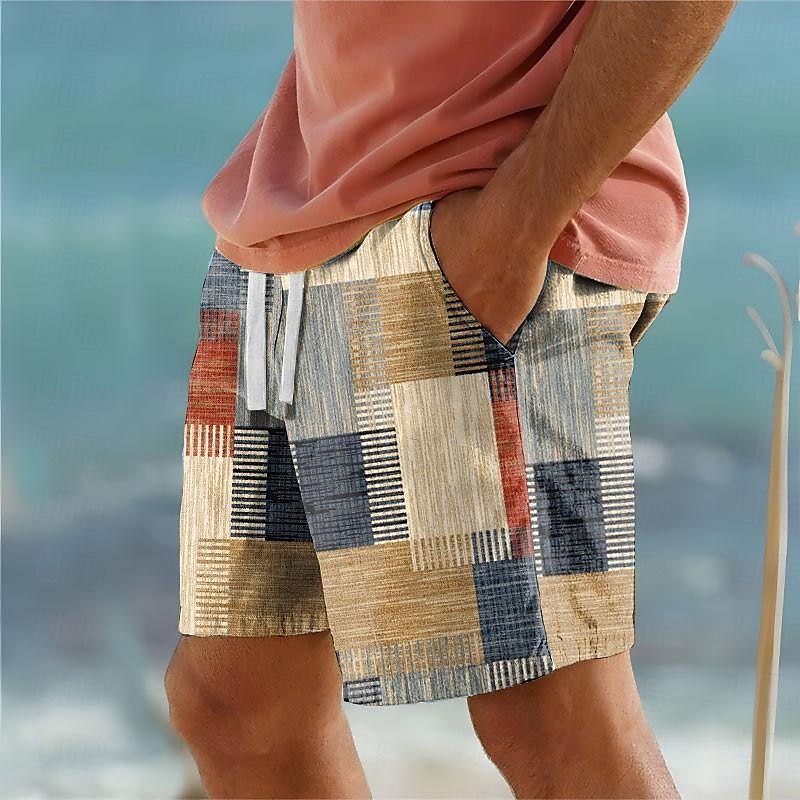 Men's Color Block Patchwork Geometry Swimming Trunks Board Shorts Swim Shorts Mid Waist Vacation Hawaiian Holiday Vacation Holiday Beach Drawstring with Mesh lining Elastic Waist Designer Clothing