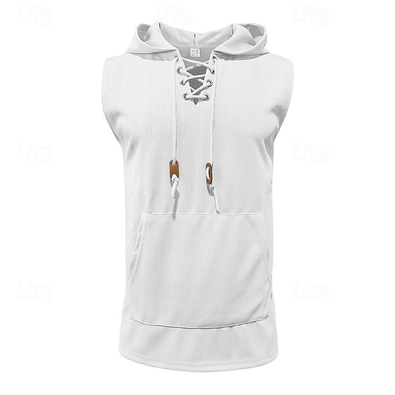 Men's Tank Top Sleeveless Hoodie Sleeveless Shirt Sleeveless Hooded Summer Pit Strip Fashion Designer Muscle Lace up Pocket Outdoor Gym Black White Khaki Top Tee for Men