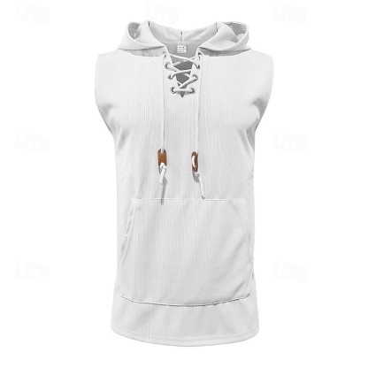 Men's Tank Top Sleeveless Hoodie Sleeveless Shirt Sleeveless Hooded Summer Pit Strip Fashion Designer Muscle Lace up Pocket Outdoor Gym Black White Khaki Top Tee for Men