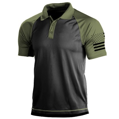Men's Outdoor American Flag Tactical Sport Golf Neck T-Shirt Golf Shirt Tee shirt Short Sleeve Shirt Top Outdoor Breathable Quick Dry Lightweight Summer Black Green Grey Hunting Fishing Combat