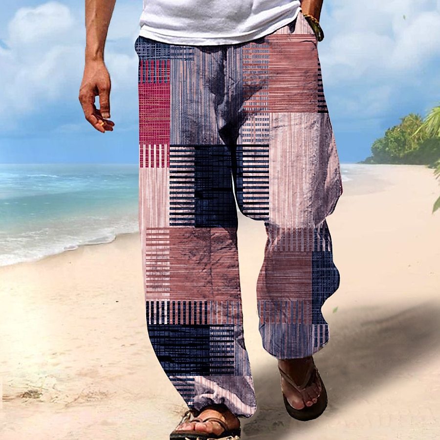 Men's Trousers Summer Pants Beach Pants Drawstring Elastic Waist 3D Print Stripe Graphic Prints Geometry Comfort Casual Daily Holiday Streetwear Hawaiian Yellow Blue