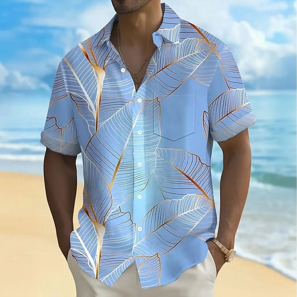 Men's Palm Leaf Tropical Plants Summer Hawaiian Shirt Button Up Shirt Short Sleeve Hawaiian Resort Vacation Holiday Beach Wear Summer Spring Turndown Collared Shirts Front One Pocket Green Blue