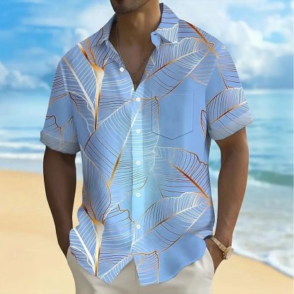 Men's Palm Leaf Tropical Plants Summer Hawaiian Shirt Button Up Shirt Short Sleeve Hawaiian Resort Vacation Holiday Beach Wear Summer Spring Turndown Collared Shirts Front One Pocket Green Blue
