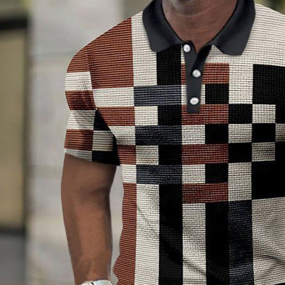 Men's Color Block Waffle Polo Shirts Short Sleeve Polo Shirts Collared Shirts Business Casual Business Athleisure Outdoor clothing Buttons 3D Print Black