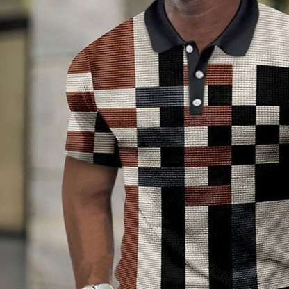 Men's Color Block Waffle Polo Shirts Short Sleeve Polo Shirts Collared Shirts Business Casual Business Athleisure Outdoor clothing Buttons 3D Print Black