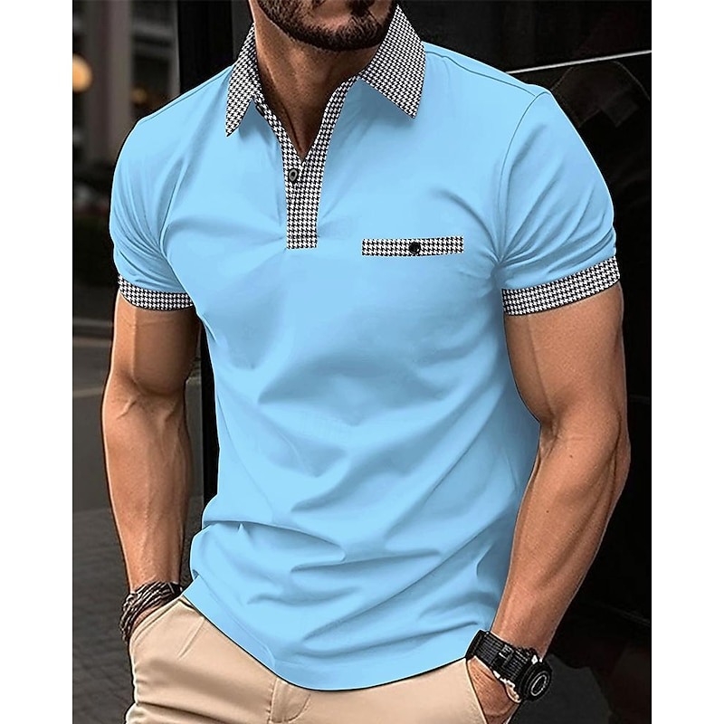Men's Golf Shirt Golf Polo Work Casual Lapel Short Sleeve Basic Modern Color Block Houndstooth Patchwork Spring & Summer Regular Fit Black White Red Navy Blue Blue Beige Golf Shirt