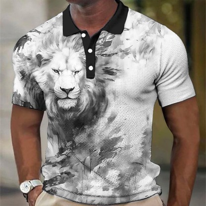 Men's Lion Waffle Polo Shirts Golf Shirt Short Sleeve Polo Shirts Collared Shirts Casual Funny Streetwear Vacation Wear Party Outfits Buttons 3D Print Yellow Red Blue