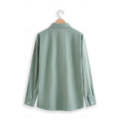 Men's Shirt Linen Shirt Summer Shirt Beach Wear Button Up Shirt Solid Color Street Daily White Blue Green Khaki Long Sleeve Fold-over Collar Clothing Apparel Pocket