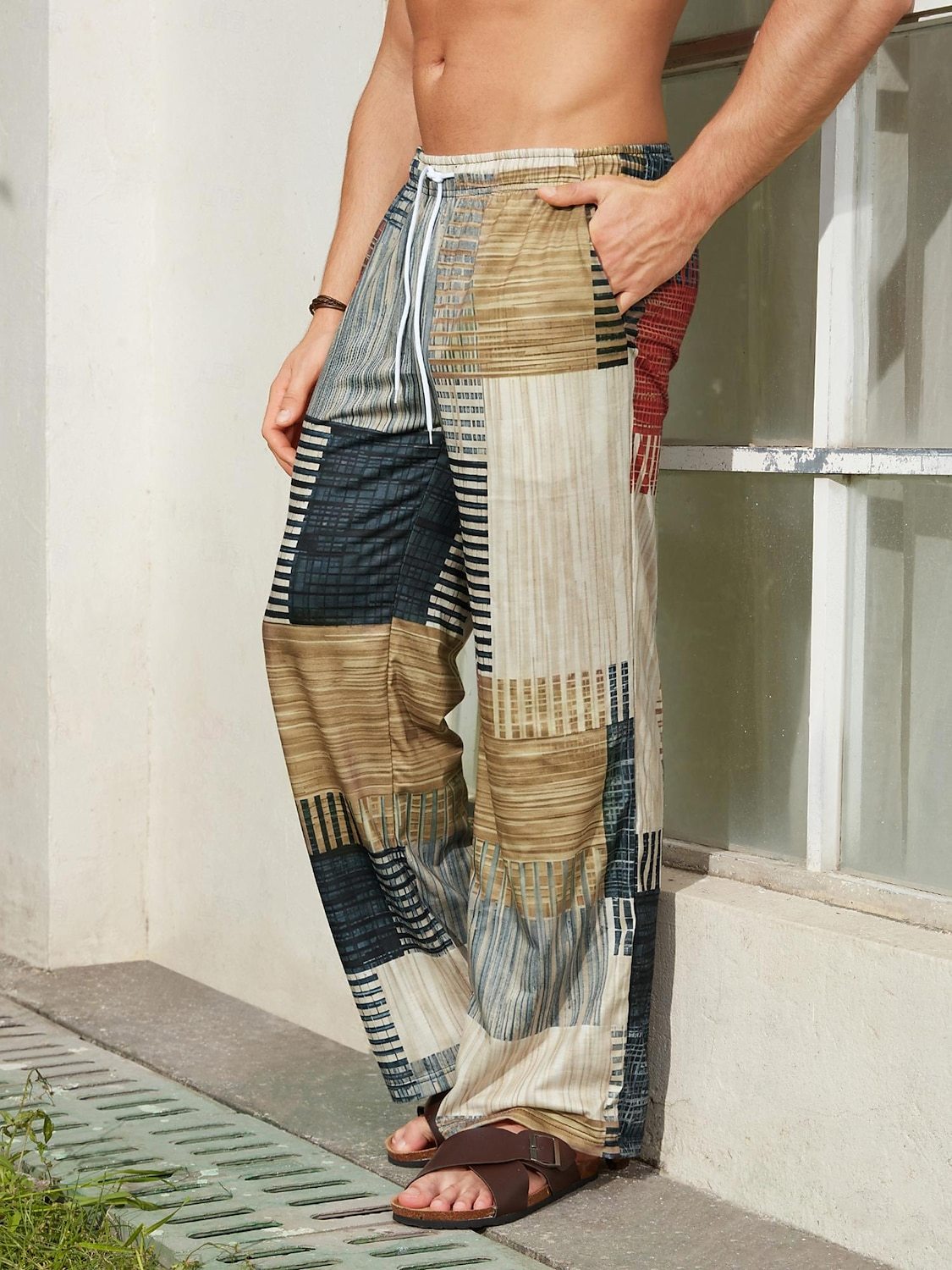 Men's Trousers Summer Pants Beach Pants Drawstring Elastic Waist 3D Print Stripe Graphic Prints Geometry Comfort Casual Daily Holiday Streetwear Hawaiian Yellow Blue