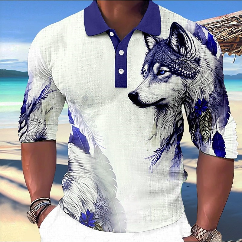 Men's Wolf Polo Shirts Golf Shirt Long Sleeve Polo Shirts Collared Shirts Casual Funny Streetwear Vacation Wear Party Outfits Buttons 3D Print Blue-Green Red Blue