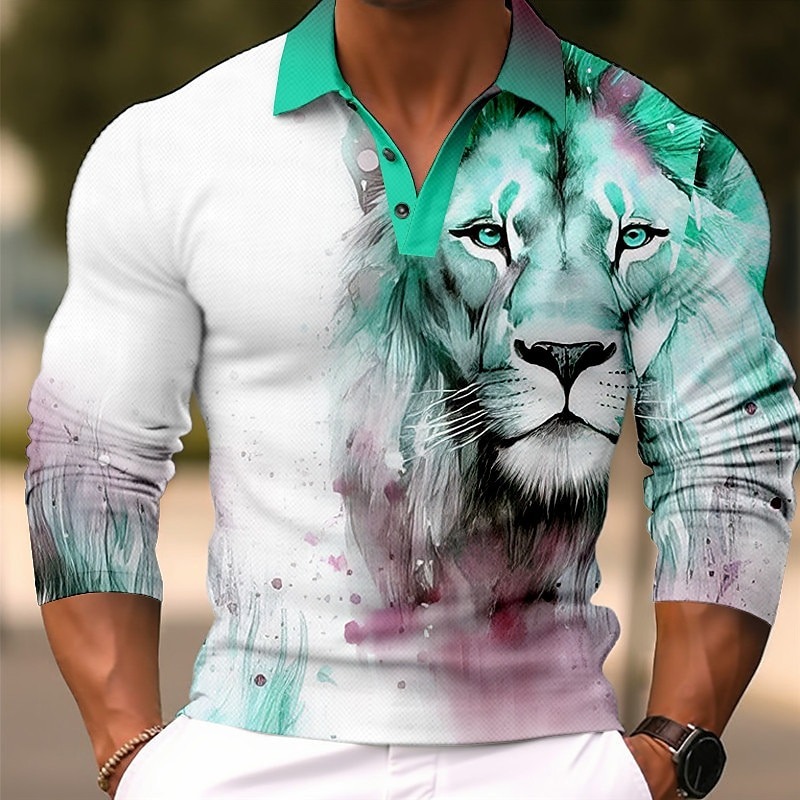 Men's Lion Polo Shirts Golf Shirt Long Sleeve Polo Shirts Collared Shirts Casual Funny Streetwear Vacation Wear Party Outfits Buttons 3D Print Yellow Red Blue