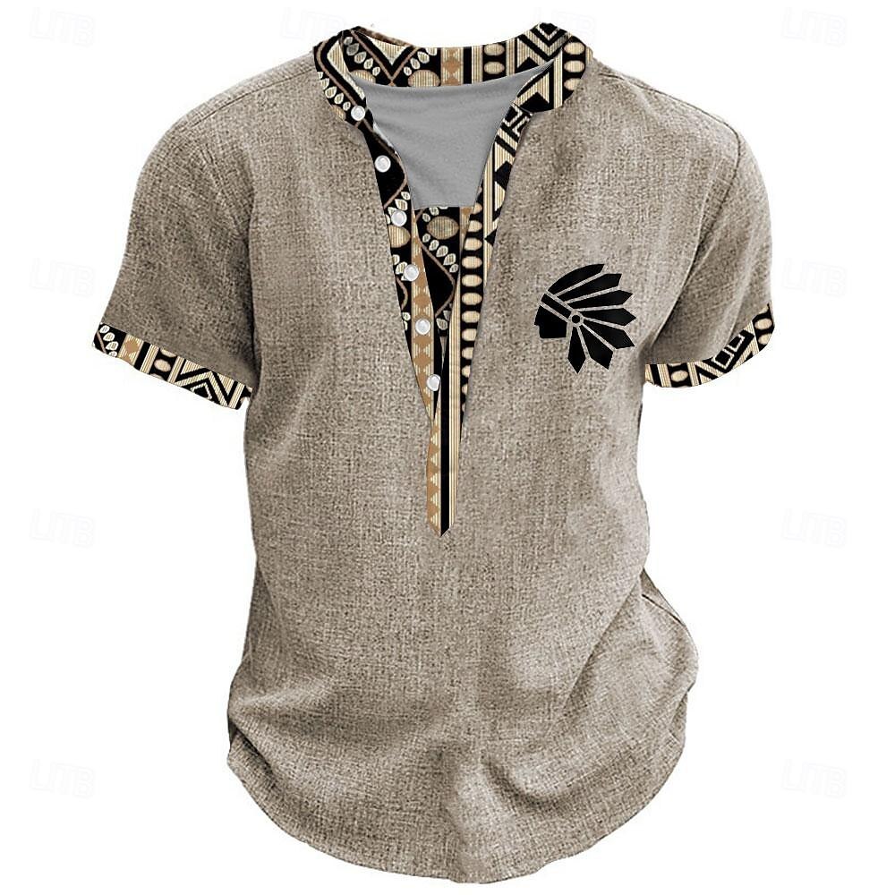 Tribal Bandana Print Designer Ethnic Men's 3D Print T shirt Tee Henley Shirt Casual Daily T shirt Yellow Brown Green Short Sleeve Standing Collar Shirt Summer Spring Clothing Apparel S M L XL XXL 3XL