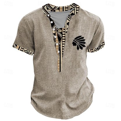 Tribal Bandana Print Designer Ethnic Men's 3D Print T shirt Tee Henley Shirt Casual Daily T shirt Yellow Brown Green Short Sleeve Standing Collar Shirt Summer Spring Clothing Apparel S M L XL XXL 3XL