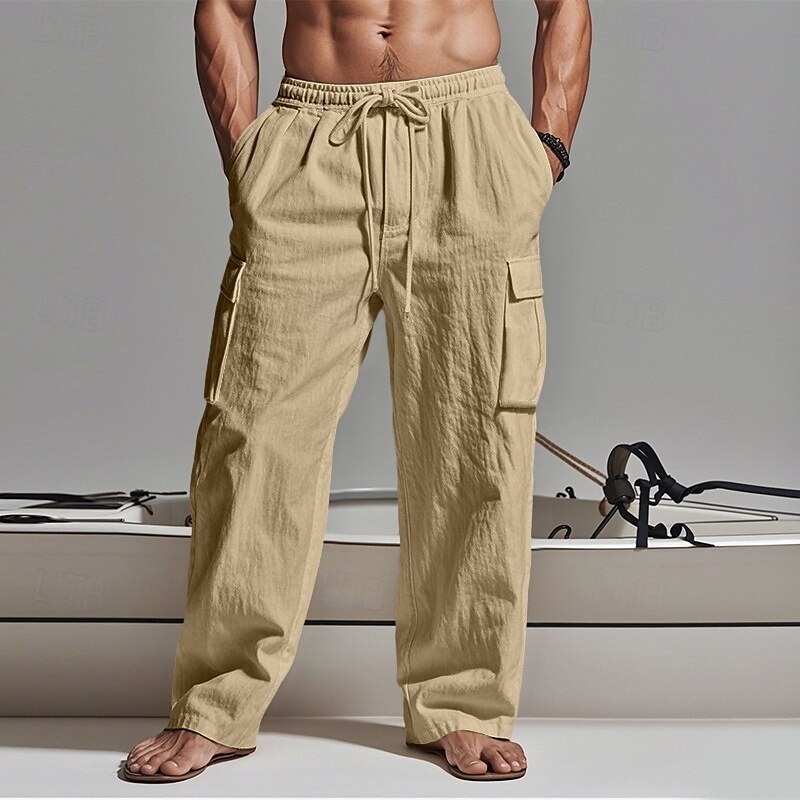 Men's Cargo Pants Trousers Summer Pants Beach Pants Gauze Pants Drawstring Elastic Waist Multi Pocket Plain Comfort Breathable Outdoor Daily Holiday Fashion Classic Style Black White
