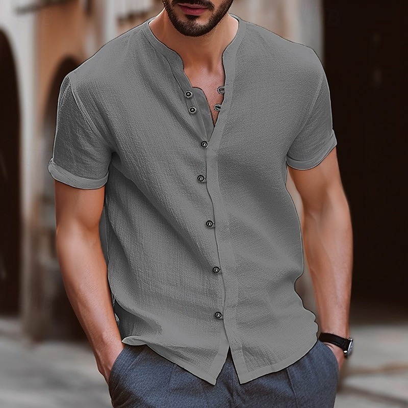 Men's Shirt Linen Shirt Band Collar Shirt Summer Shirt Beach Wear Button Up Shirt Plain Casual Daily Black White Blue Khaki Short Sleeve Band Collar Summer Clothing Apparel