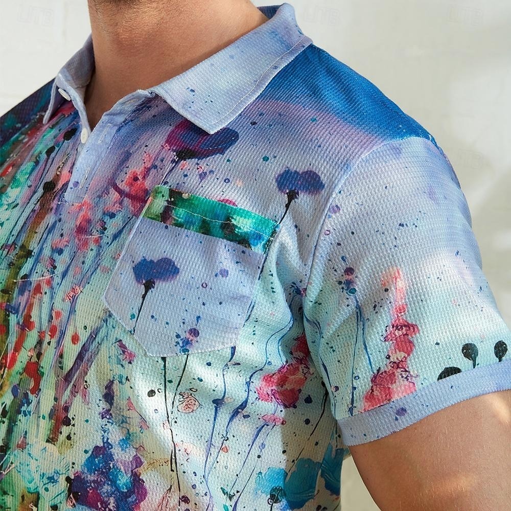 Men's Graphic Prints Waffle Polo Shirts Polo Shirts Lapel Polo Button Up Polos Golf Shirt Short Sleeve Shirt Turndown Outdoor Street Blue-Green Blue Purple Orange Green Print Clothing Apparel Fashion