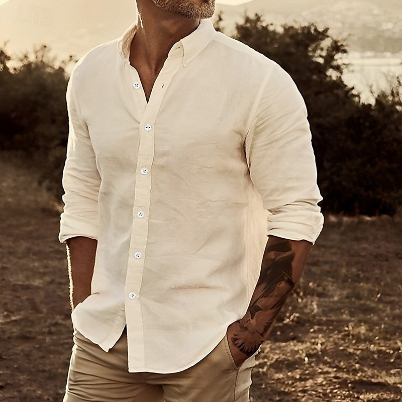 Men's Linen Shirt Summer Shirt Beach Wear Button Up Shirt Plain Casual Daily White Yellow Pink Blue Long Sleeve Lapel Spring & Summer Clothing Apparel Front Pocket
