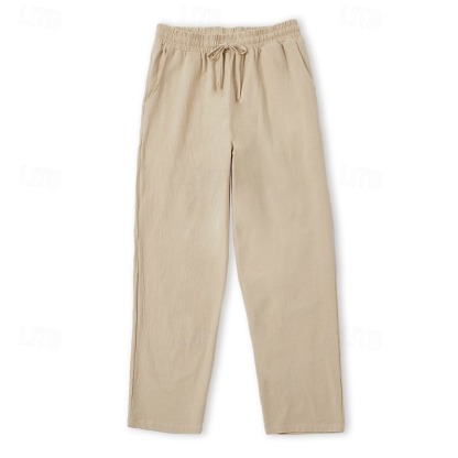 Men's Linen Pants Trousers Summer Pants Beach Pants Drawstring Elastic Waist Straight Leg Plain Comfort Breathable Casual Daily Holiday Fashion Classic Style Light Khaki Black