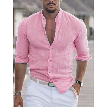 Men's Shirt Band Collar Shirt Summer Shirt Beach Wear Button Up Shirt Casual Shirt Black White Pink Army Green Long Sleeve Solid Color Collar Party Hawaiian Clothing Apparel