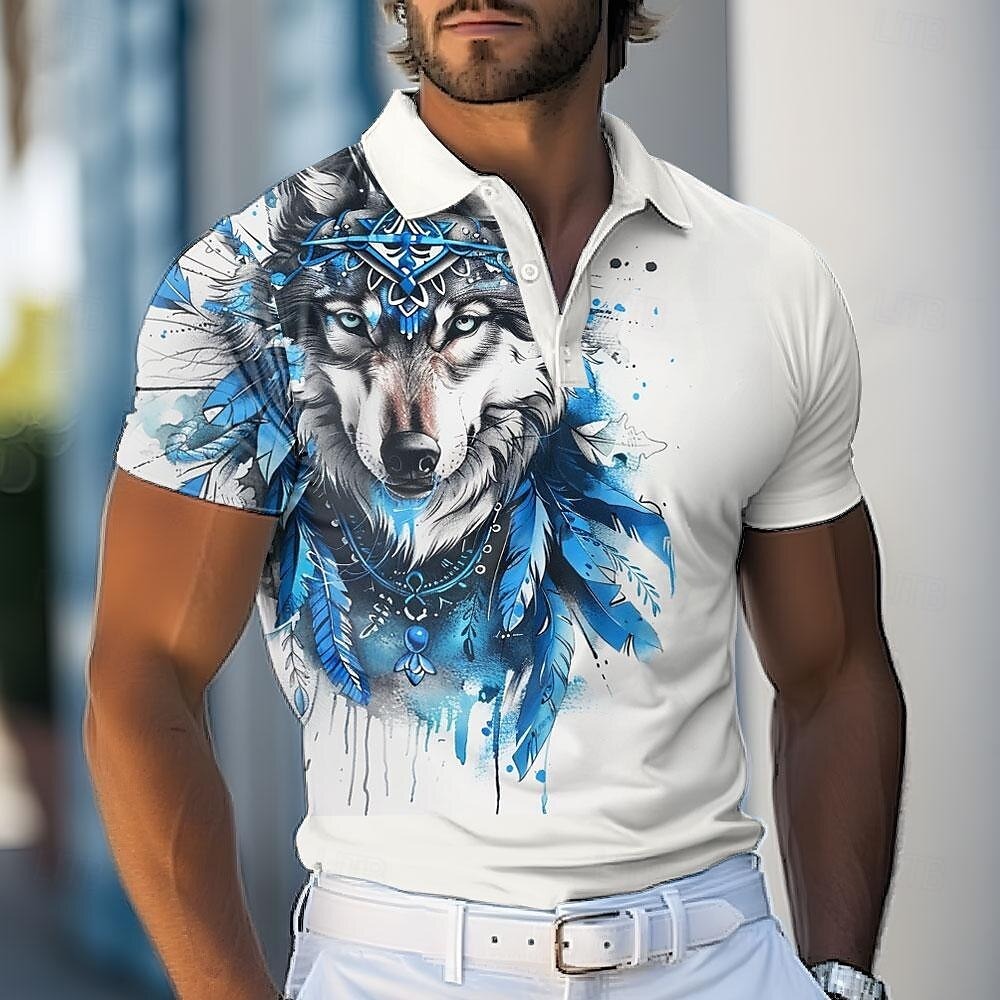 Men's Wolf Polo Shirts Golf Shirt Short Sleeve Polo Shirts Collared Sh