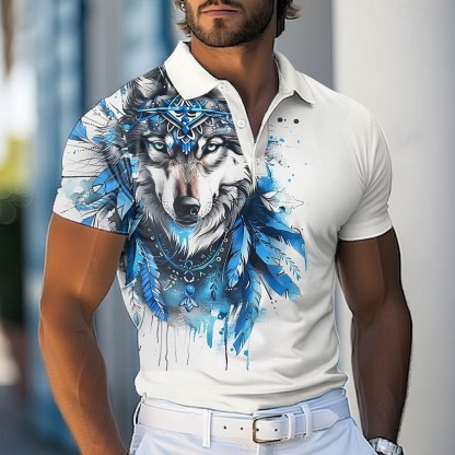 Men's Wolf Polo Shirts Golf Shirt Short Sleeve Polo Shirts Collared Shirts Funny Streetwear Vacation Wear Party Outfits Buttons 3D Print White