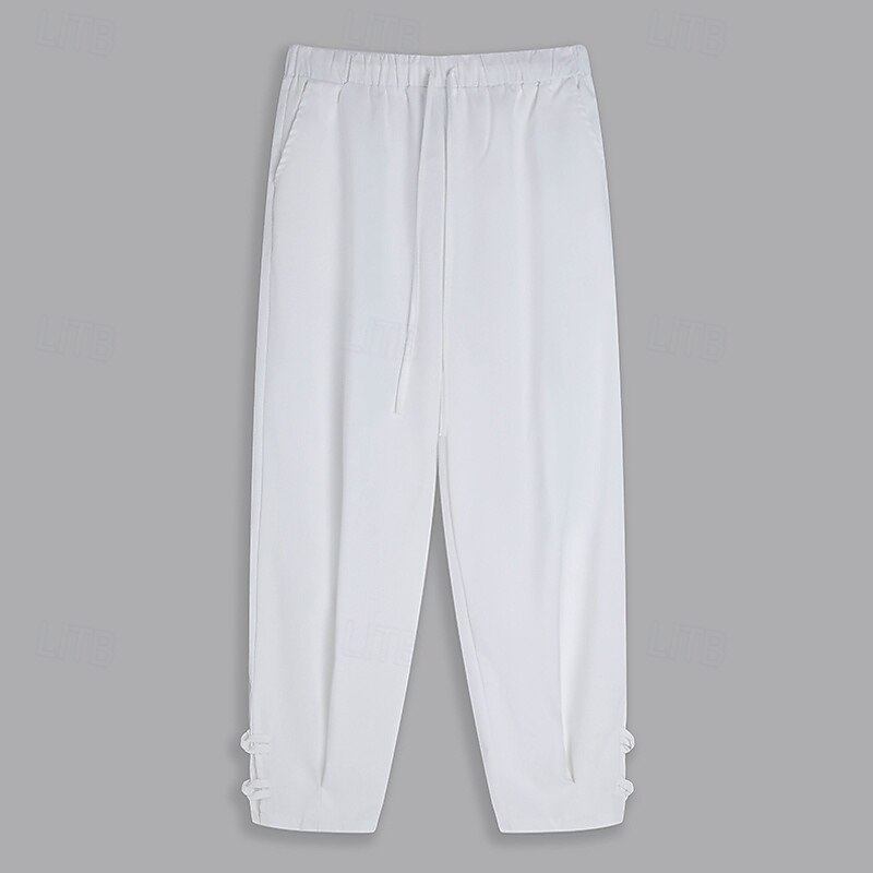 Men's Linen Pants Summer Pants Cropped Pants Beach Pants Drawstring Elastic Waist Plain Comfort Breathable Calf-Length Casual Daily Holiday Fashion Classic Style Black White